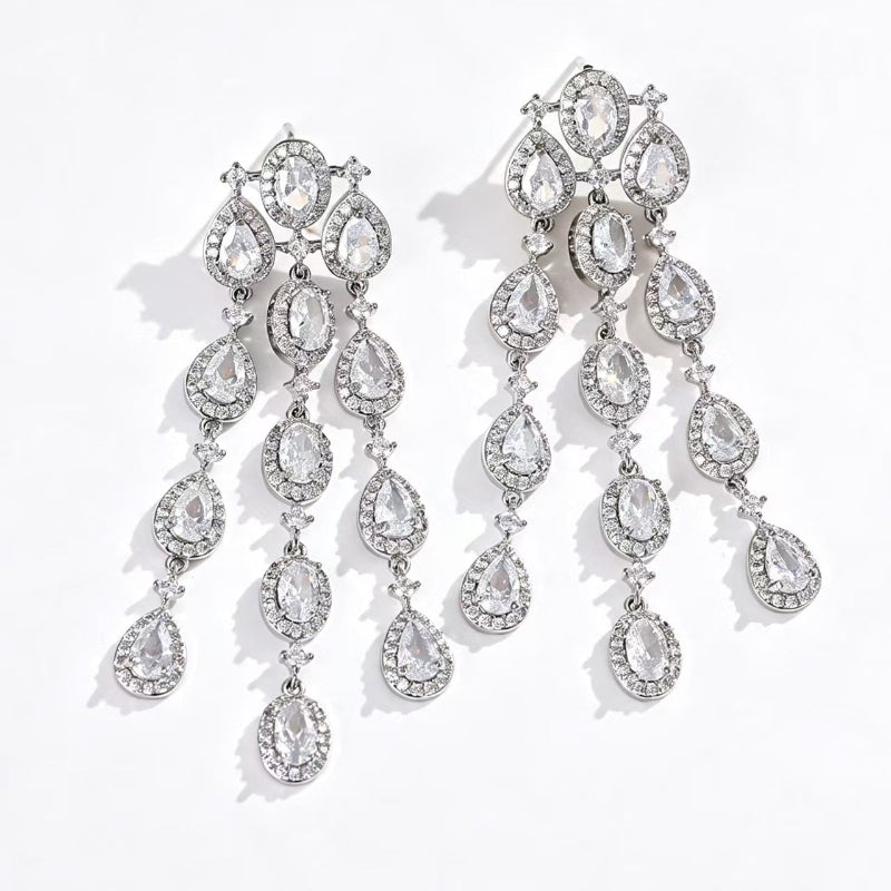 Long Tassel Halo Gemstone Drop Earrings Collection, Silver & Gold Tone Formal Statement Jewelry