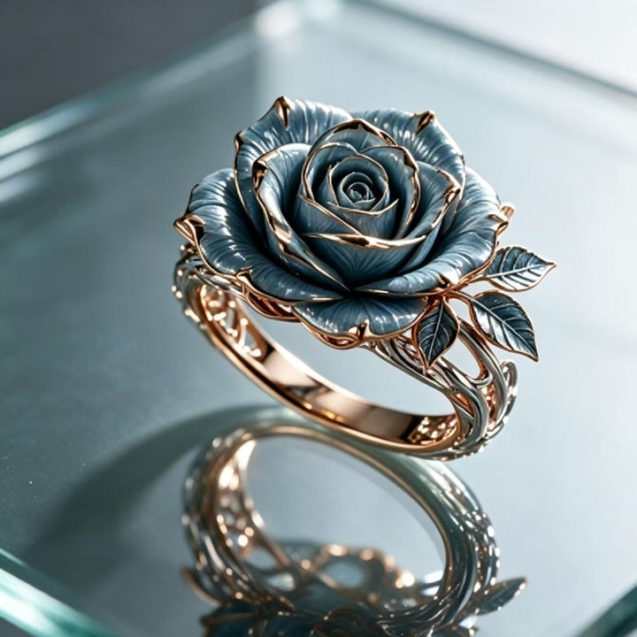 3D Sculpted Blue Rose Statement Ring, Enamel Floral Open Filigree Floral Wide Band Ring