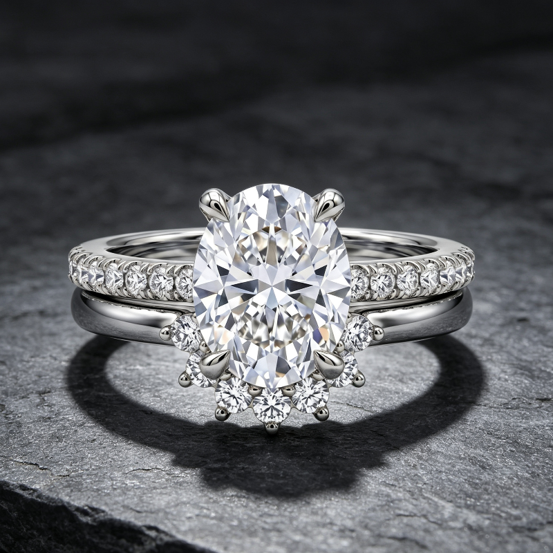Oval‑Cut Diamond Bridal Ring Set, Halo Accent Engagement &amp; Eternity Band Two‑Piece Ring