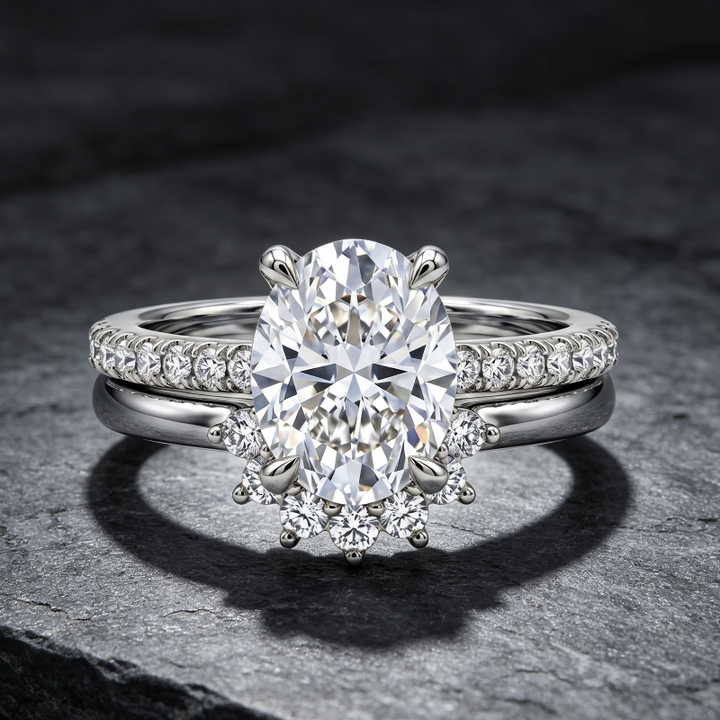 Oval‑Cut Diamond Bridal Ring Set, Halo Accent Engagement &amp; Eternity Band Two‑Piece Ring
