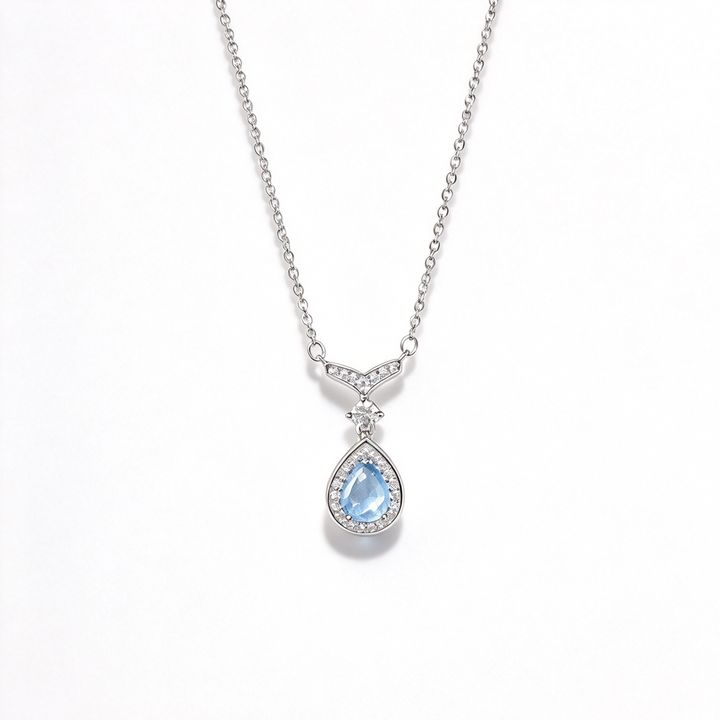 Mermaid Teardrop Blue Gem Pendant Necklace, Elegant Sparkling Halo Collarbone Necklace for Women