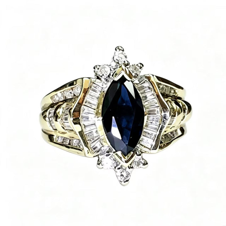 Marquise‑Cut Blue Gemstone & Diamond Promise Ring, Vintage Gold Tone Bridal Ring