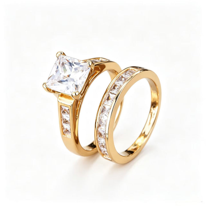 4-Prong Princess Cut Stack Bridal Ring Set, Channel Side Stone Yellow Gold & Silver Classic Wedding Ring