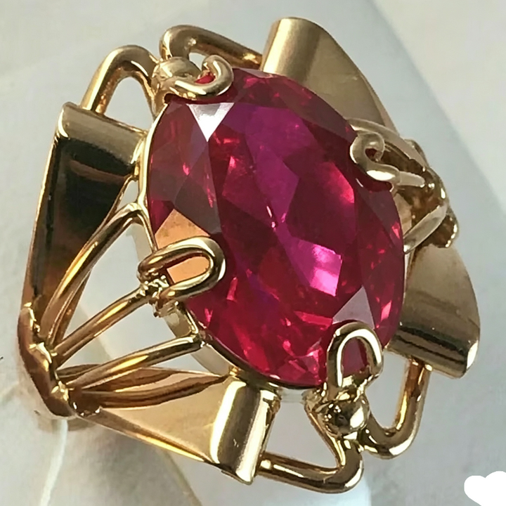 Oval Cut Rich Red Gemstone Ring, Bold Open‑Work Gold‑Tone Statement Ring for Men