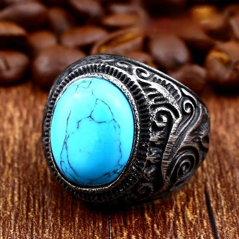 Vintage Carved Signet Ring, Oval Turquoise &amp; Black Onyx Gemstone Men’s Statement Ring