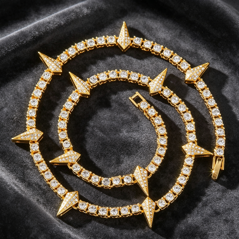 Spike Triangle Stud Tennis Chain Choker, Full Pave Diamond Edgy Rock Hip Hop Statement Necklace