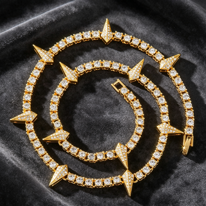 Spike Triangle Stud Tennis Chain Choker, Full Pave Diamond Edgy Rock Hip Hop Statement Necklace
