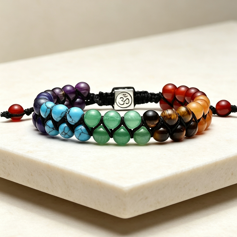 7 Chakra Double Layer Adjustable Braided Bracelet, Bohemian Raw Stone Bracelet Stackable Women Men Jewelry