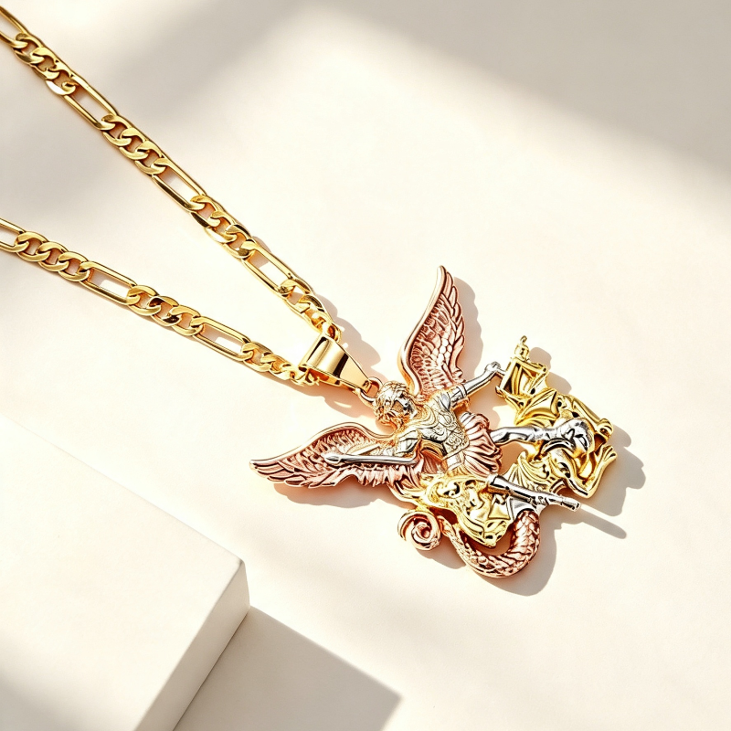 Archangel Sculpted Pendant Necklace, Embossed Wing Dragon Balance Scale Statement Men Women Street Stackable Jewelry