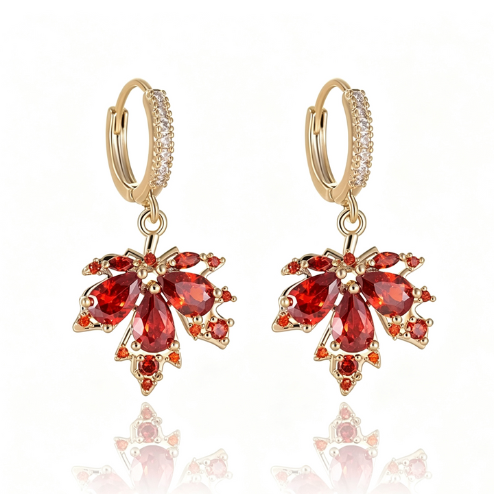 Sparkling Maple Leaf Jewelry Set, Red Stone Leaf Earrings &amp; Pendant Necklace for Women