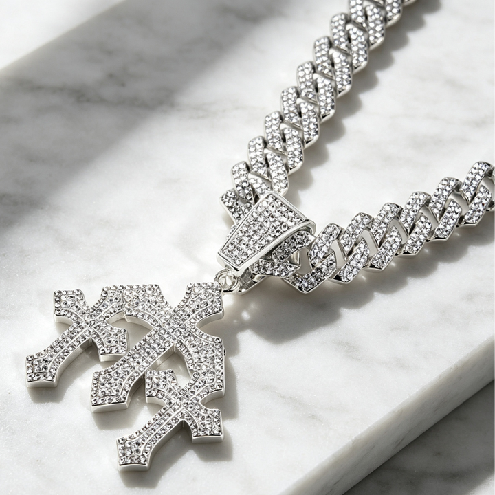 Iced Out Cross Pendant Necklace, Full Diamond Cuban Chain Hip Hop Statement Jewelry in Gold & Silver Tone