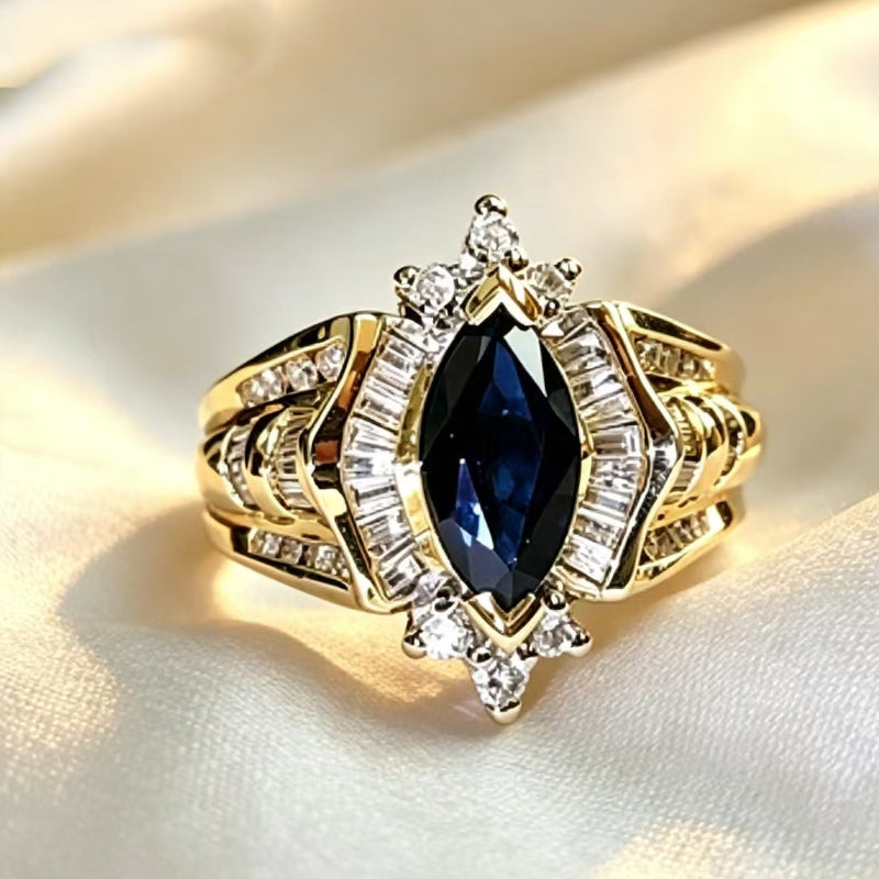 Marquise‑Cut Blue Gemstone & Diamond Promise Ring, Vintage Gold Tone Bridal Ring