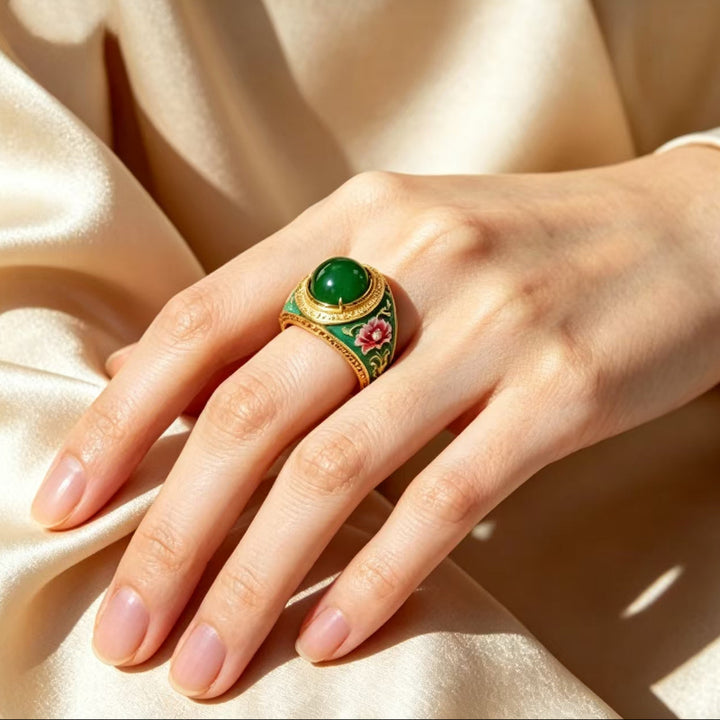 Vintage Enamel Lotus Green Cabochon Statement Ring For Women