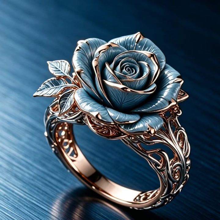 3D Sculpted Blue Rose Statement Ring, Enamel Floral Open Filigree Floral Wide Band Ring
