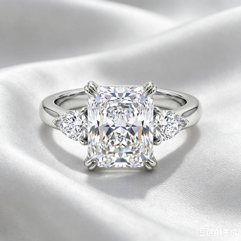 Radiant Cut Three Stone Diamond Engagement Ring, Pear Side Stone Luxury Bridal Promise Ring