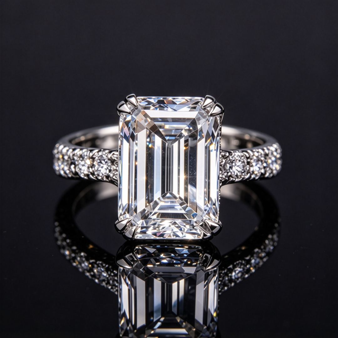 Emerald Cut Luxury 8-Prong Statement Ring for Women, Sparkling Side Stone Engagement Style Ring