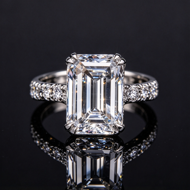 Emerald Cut Luxury 8-Prong Statement Ring for Women, Sparkling Side Stone Engagement Style Ring