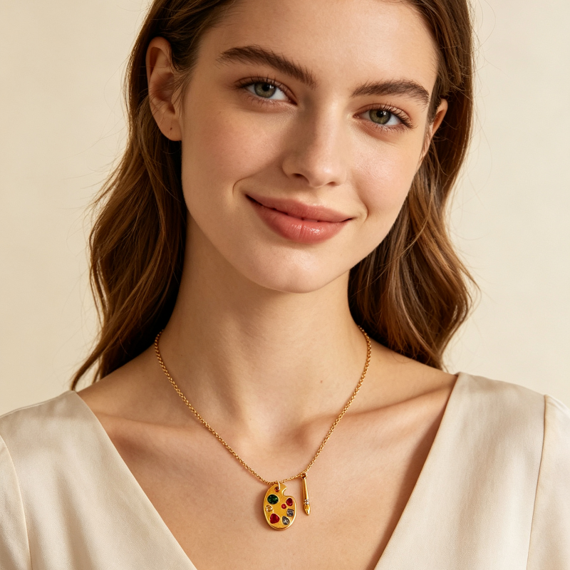Artist Palette Paintbrush Pendant Necklace, Colorful diamonds 18K Gold Dainty Chain