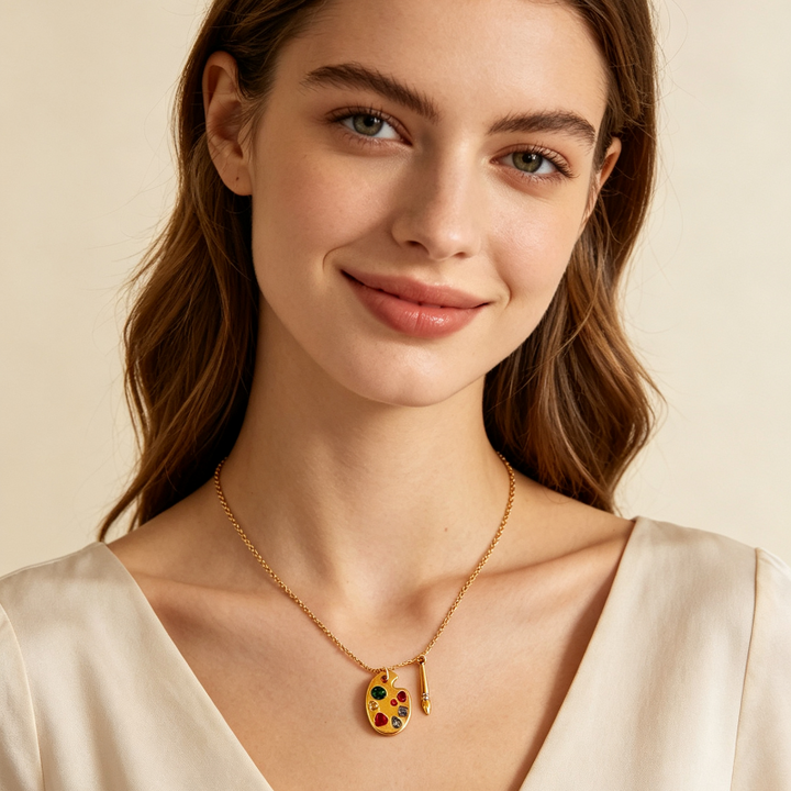 Artist Palette Paintbrush Pendant Necklace, Colorful diamonds 18K Gold Dainty Chain