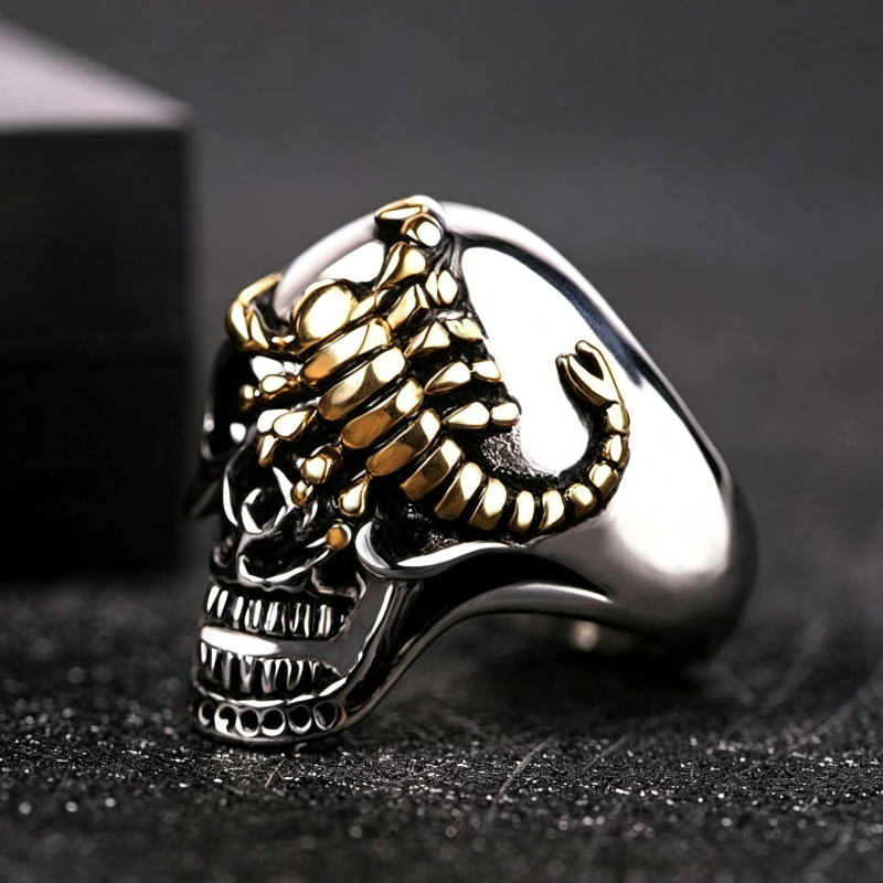 Two‑Tone Scorpion Skull Statement Ring, Retro Gothic Biker Men’s Ring