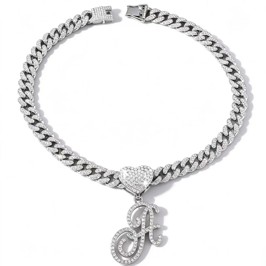 Cursive Initial Letter Necklace With Heart Charm Iced‑Out Cuban Chain, Hip-Hop/Punk Style