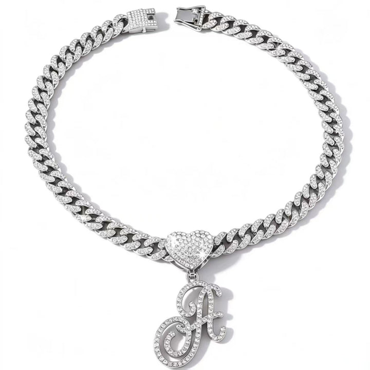 Cursive Initial Letter Necklace With Heart Charm Iced‑Out Cuban Chain, Hip-Hop/Punk Style