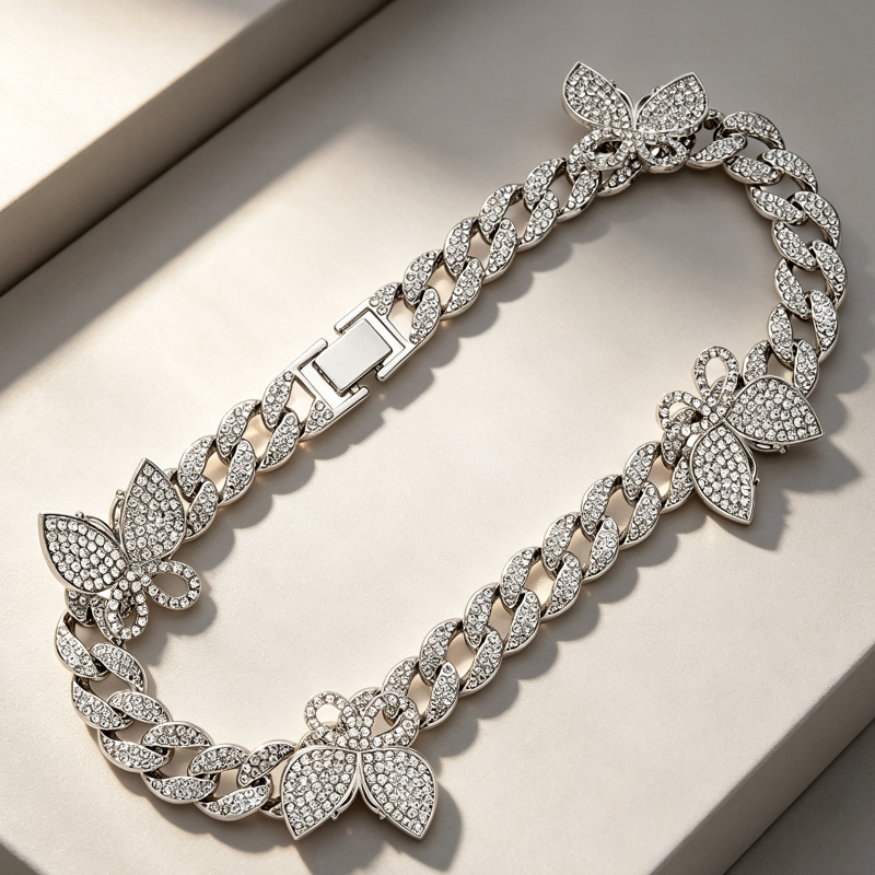 Sparkling Diamond Cuban Necklace, Sweet and Cool Butterfly Jewelry, Bip-Hop Cuban Necklace