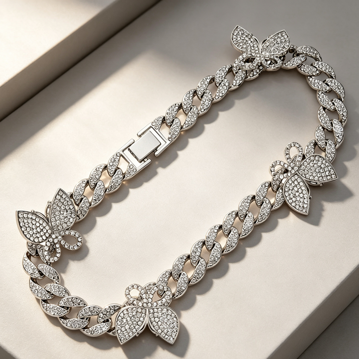 Sparkling Diamond Cuban Necklace, Sweet and Cool Butterfly Jewelry, Bip-Hop Cuban Necklace