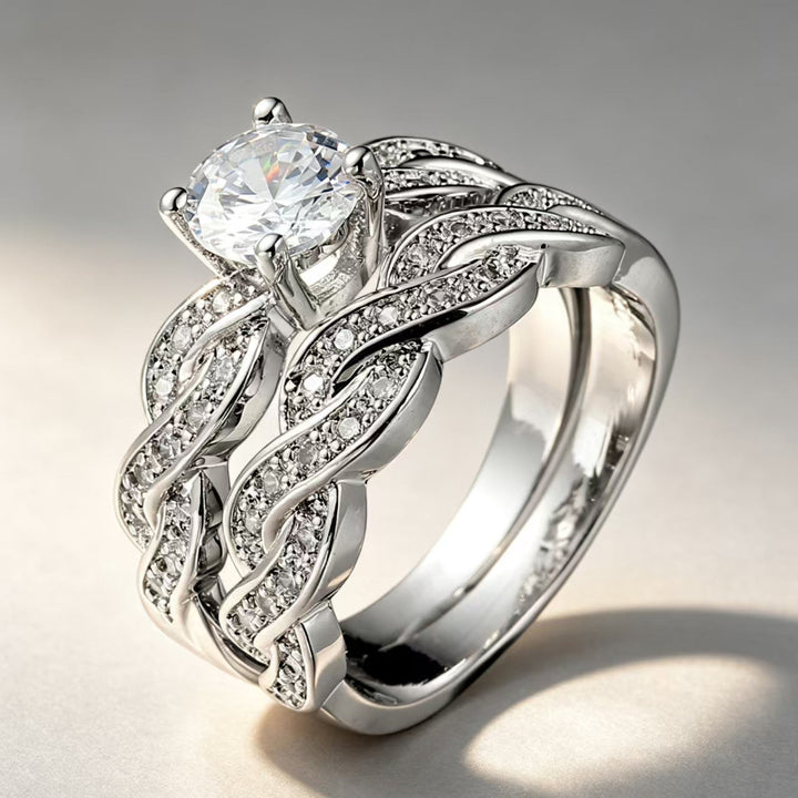 Two‑Style Diamond Promise Ring, Twisted Band &amp; Three‑Stone Stackable Wedding Ring for Women