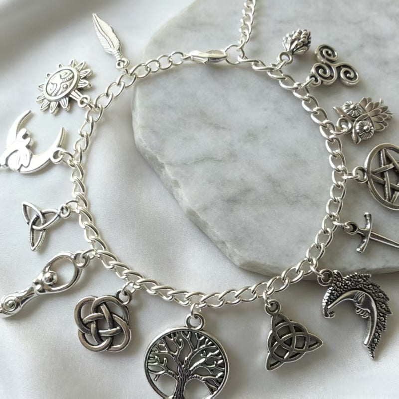 Multi Charm Toggle Clasp Silver Charm Bracelet, Tree Of Life Triple Moon Triquetra Pentacle Vintage Gothic Jewelry