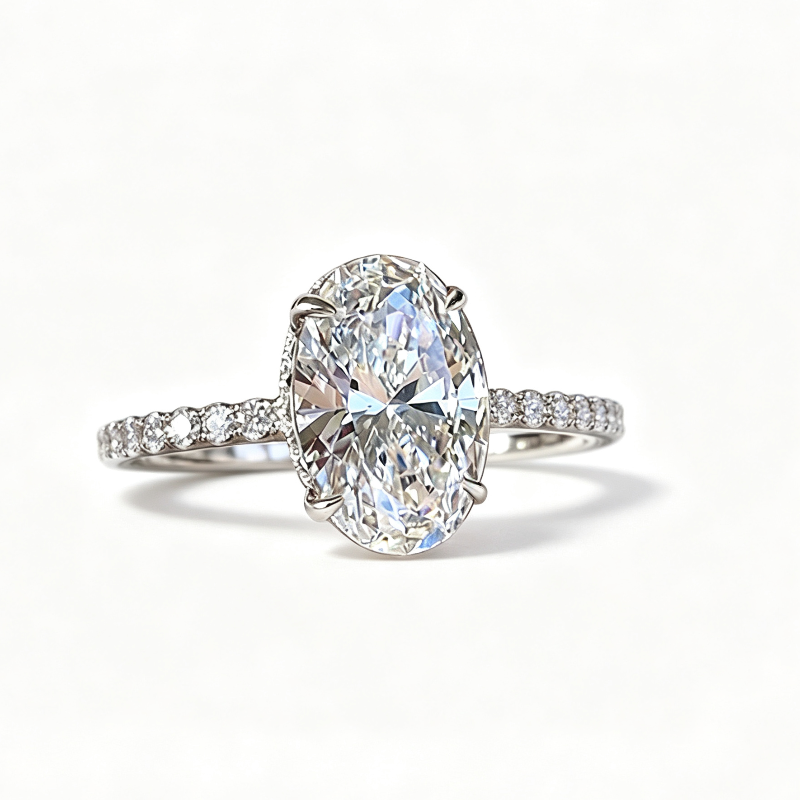 Oval Cut Pave Side Shank Solitaire Engagement Ring, Minimal Luxury Milgrain Edge Bridal Promise Jewelry