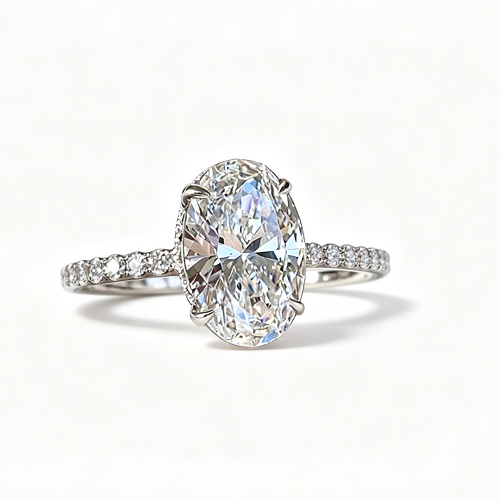Oval Cut Pave Side Shank Solitaire Engagement Ring, Minimal Luxury Milgrain Edge Bridal Promise Jewelry