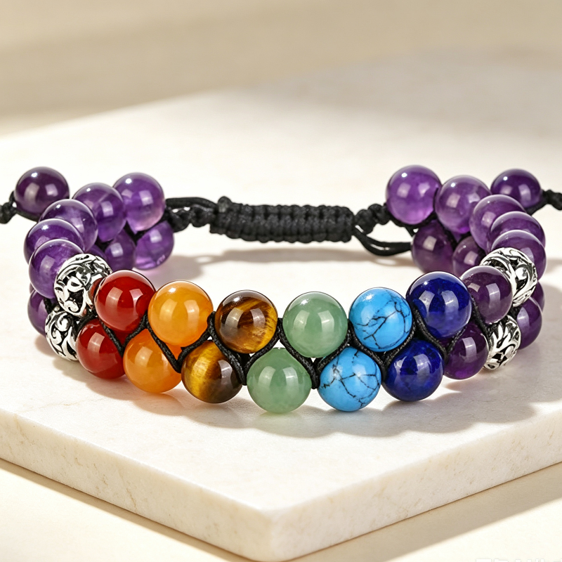 7 Chakra Double Layer Adjustable Braided Bracelet, Bohemian Raw Stone Bracelet Stackable Women Men Jewelry