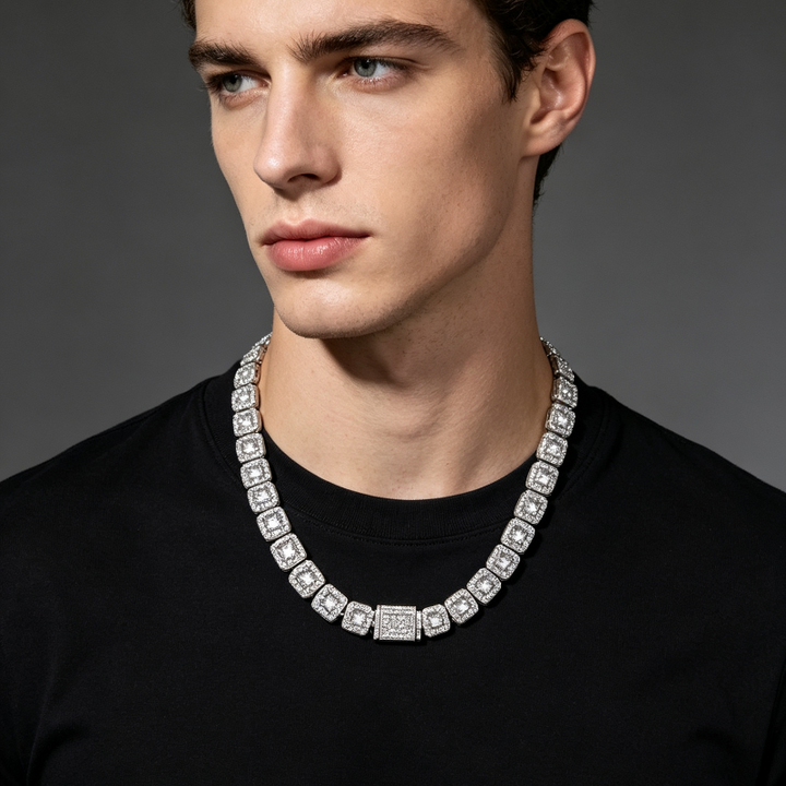 Unisex Cushion Square Halo Diamond Tennis Choker Necklace, Luxury Hip Hop Statement Collar Jewelry