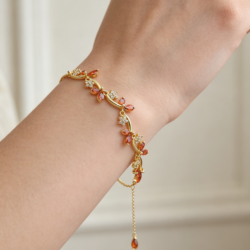 Gold Vine Leaf Bud Stone Adjustable Bracelet, Romantic Branch Stackable Wrist Chain