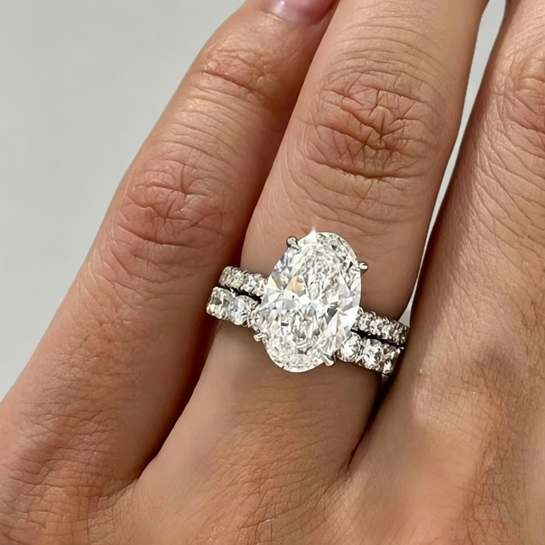 Oval Diamond Ring Set, 2Pcs Stackable Wedding Engagement Band for Women