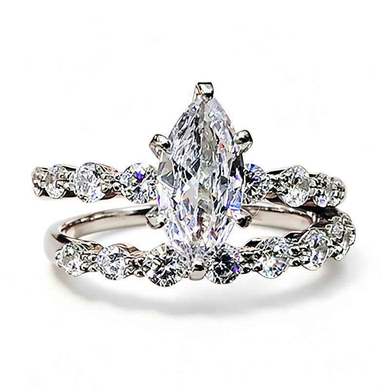 Marquise Diamond Double Row Pave Bridal Ring Set, Split-Shank Stackable Wedding Duo