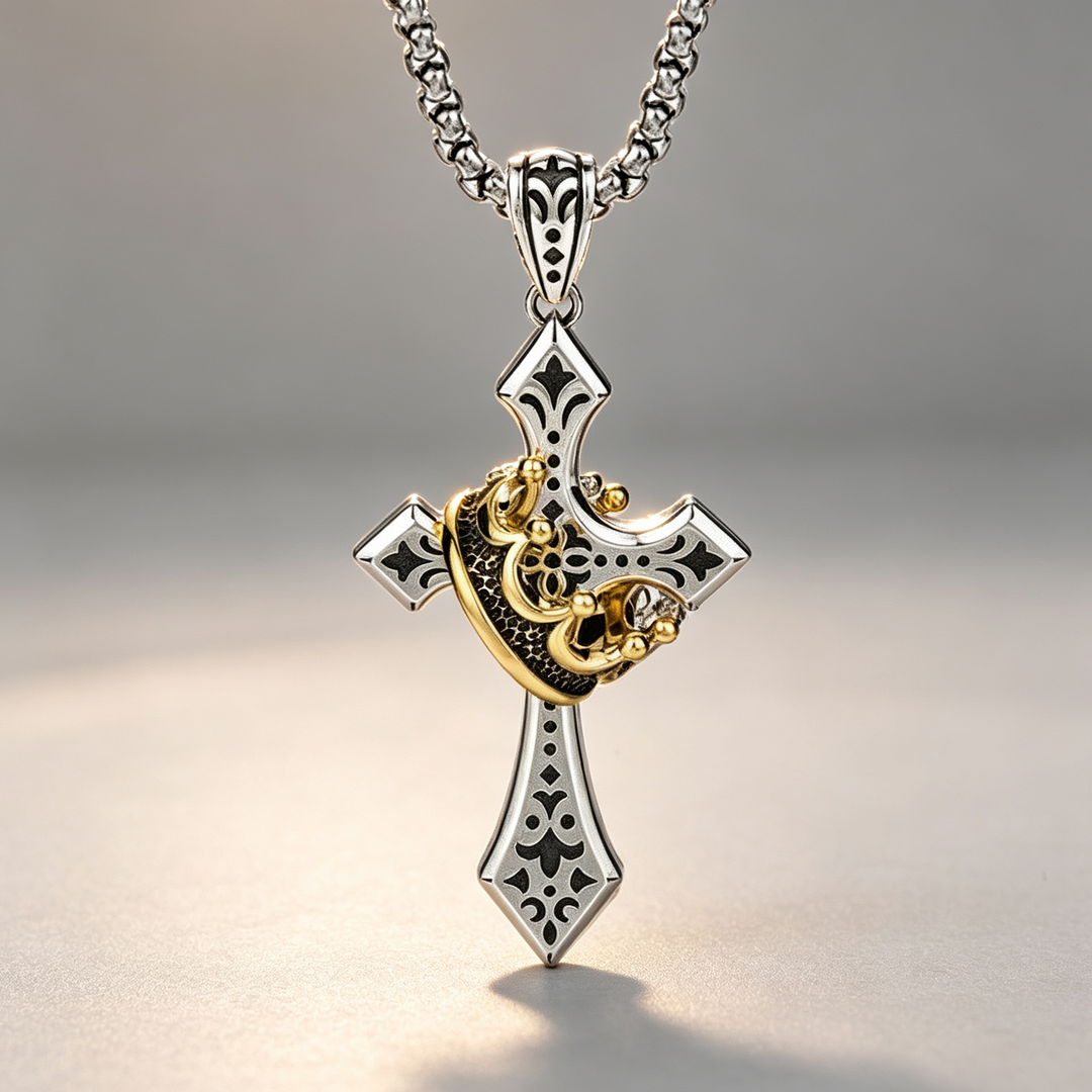 Rotating Crown and Cross Pendant Necklace; Vintage-Style, Non-Fading Clavicle Chain for Men