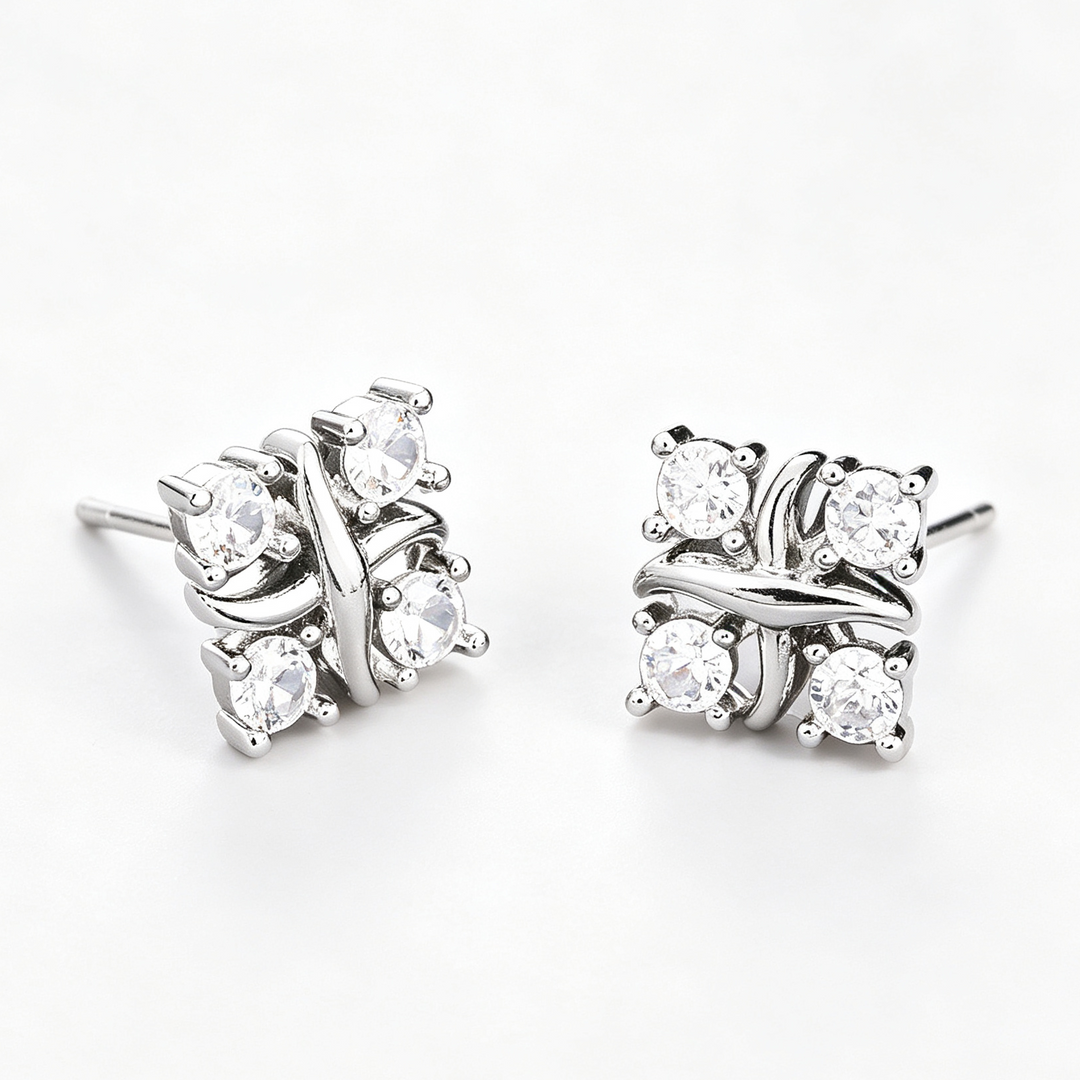 Four Color Options Diamond Stud Earrings, S925 Silver Twisted Cross Earrings