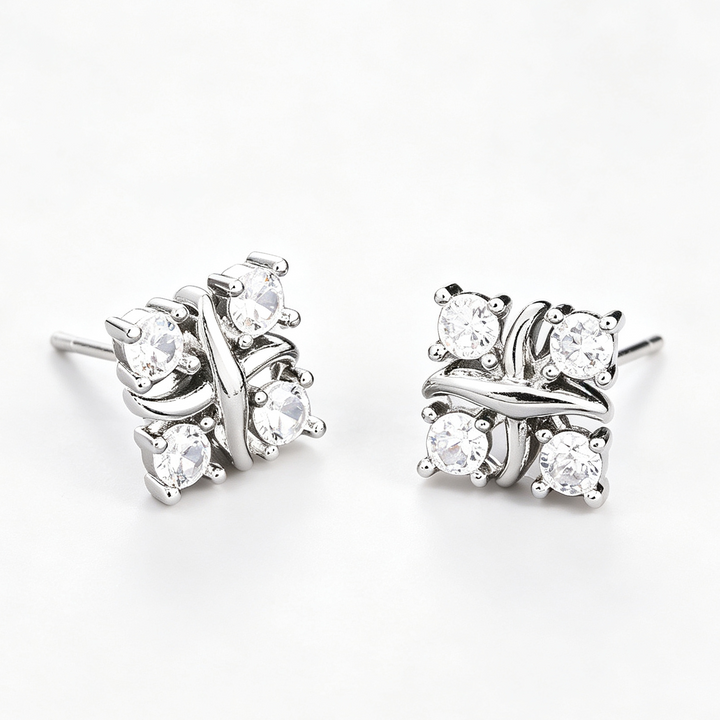 Four Color Options Diamond Stud Earrings, S925 Silver Twisted Cross Earrings