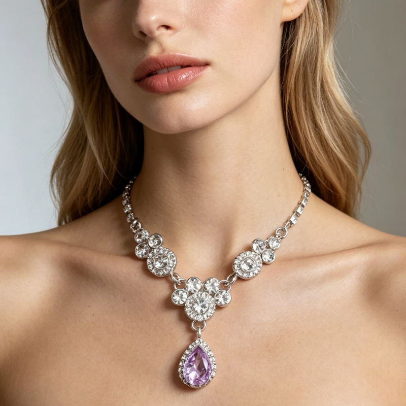 V-Shaped Floral Teardrop Diamonds Necklace, Dainty Wedding Diamond Pendant Chain