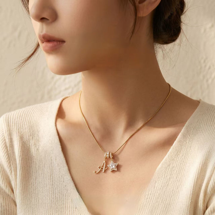 Cursive Initial Letter Diamond Star Pendant Necklace, 26‑Alphabet Snake Chain Necklace