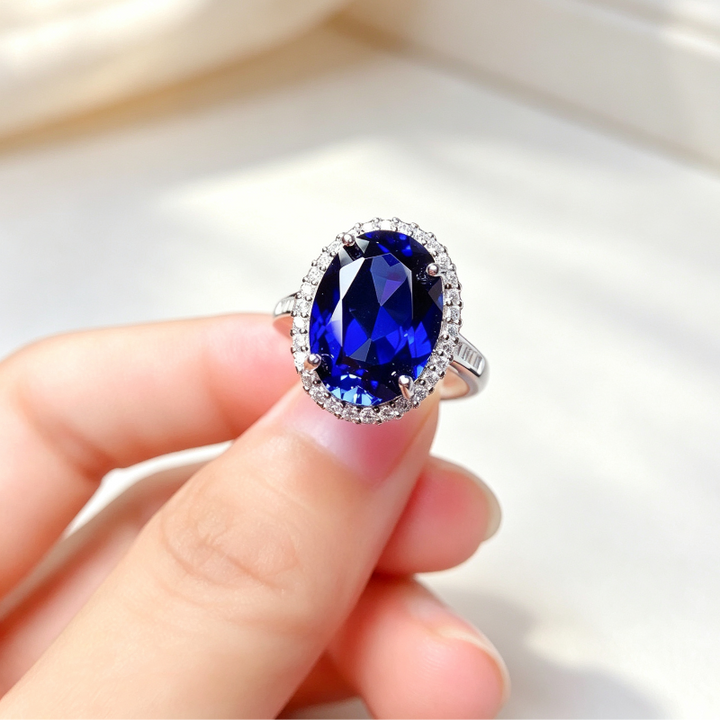 Oval Royal Blue Gemstone Adjustable Open Ring, Sparkling Pave‑Set Diamond Women’s Cocktail Ring