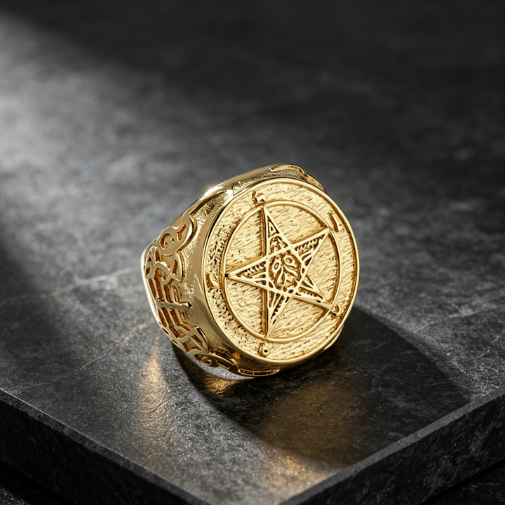 Gothic Pentagram Baphomet‑Style Signet Ring Men Ring, Antique Engraved Celtic Knot Statement Ring