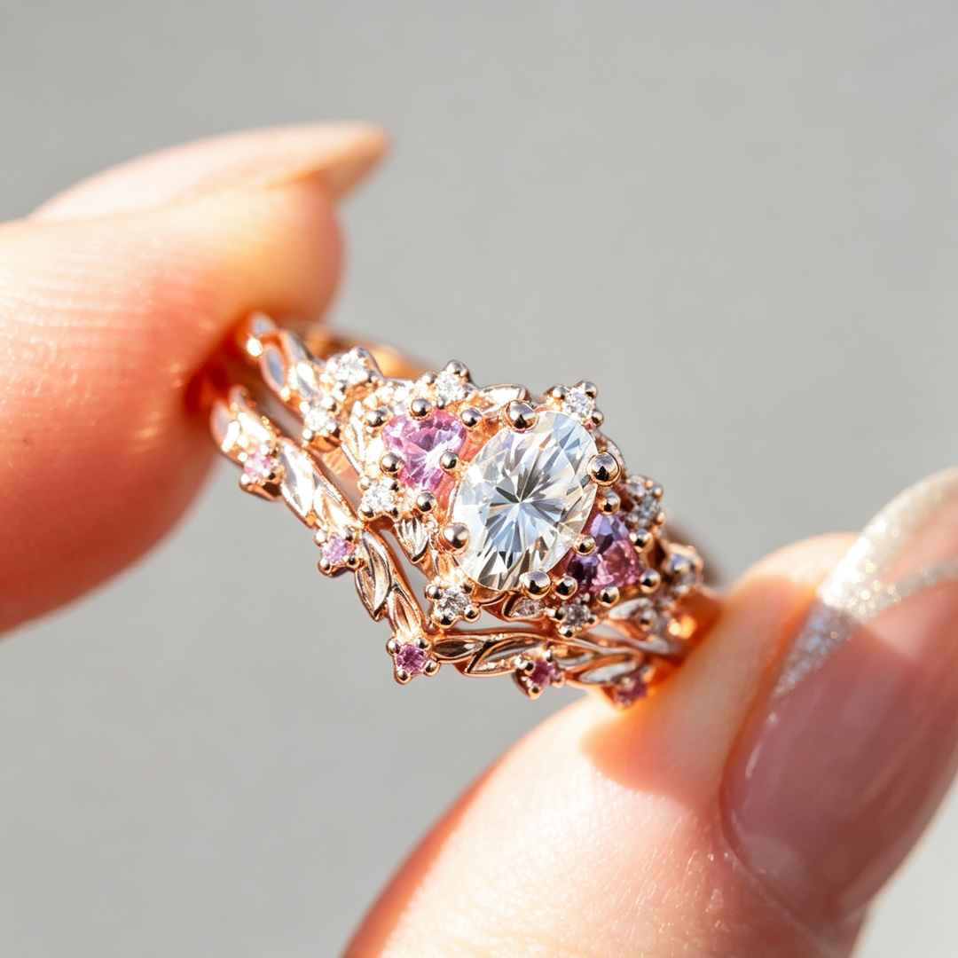 Rose Gold Floral Diamond Stackable Ring Set, Minimalist &amp; Stylish Ring