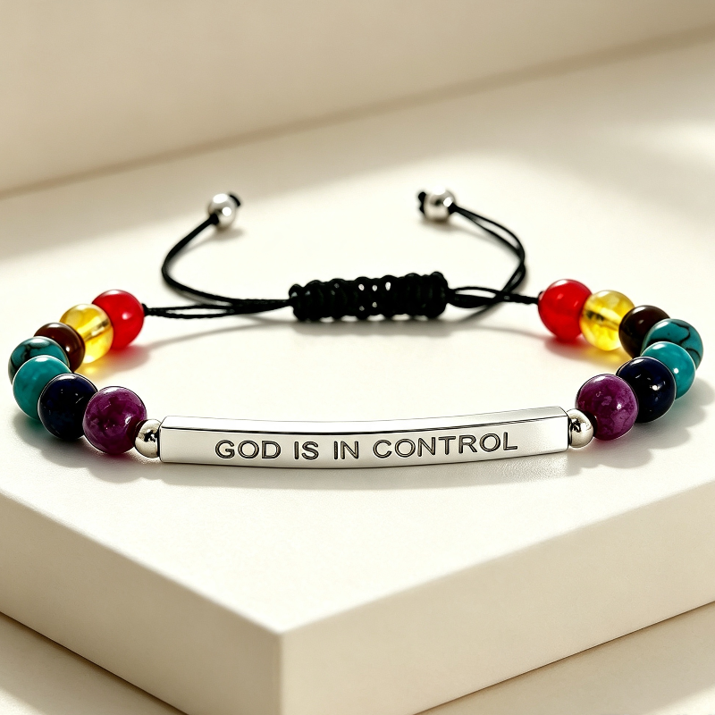 "God Is In Control" Colorful Beaded Adjustable Bracelet, Inspirational Bar Charm Bracelet Gold & Silver Tone