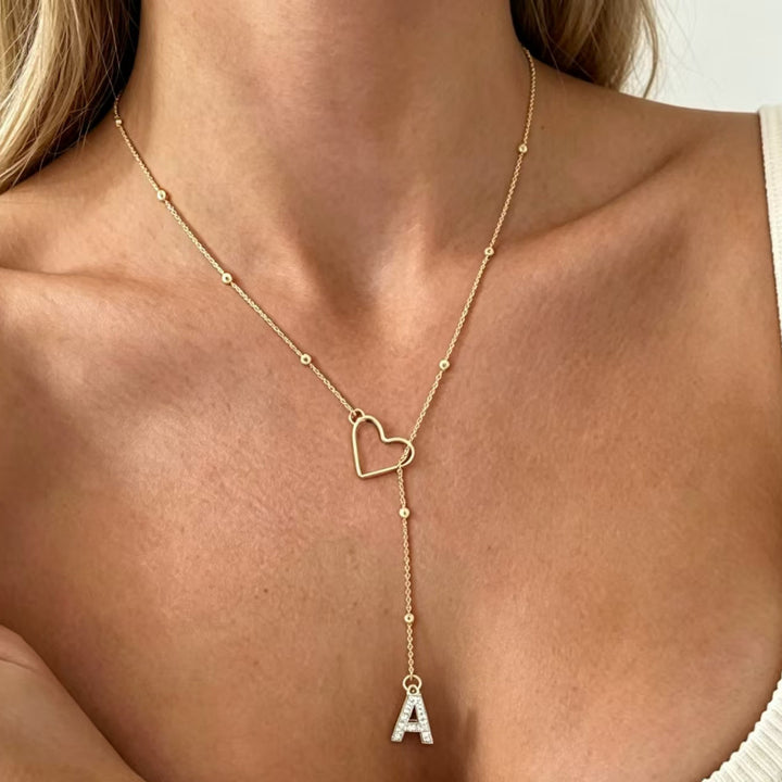 A-Z Initial Heart Pave Letter  Gold Necklace, Dainty Beaded Chain Personalized Collarbone Jewelry For Women