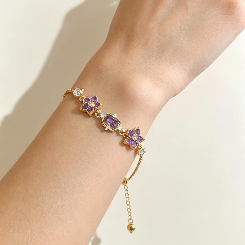 Purple Floral Gem Slider Adjustable Bracelet, Gold Silver Dainty Stackable Wrist Chain