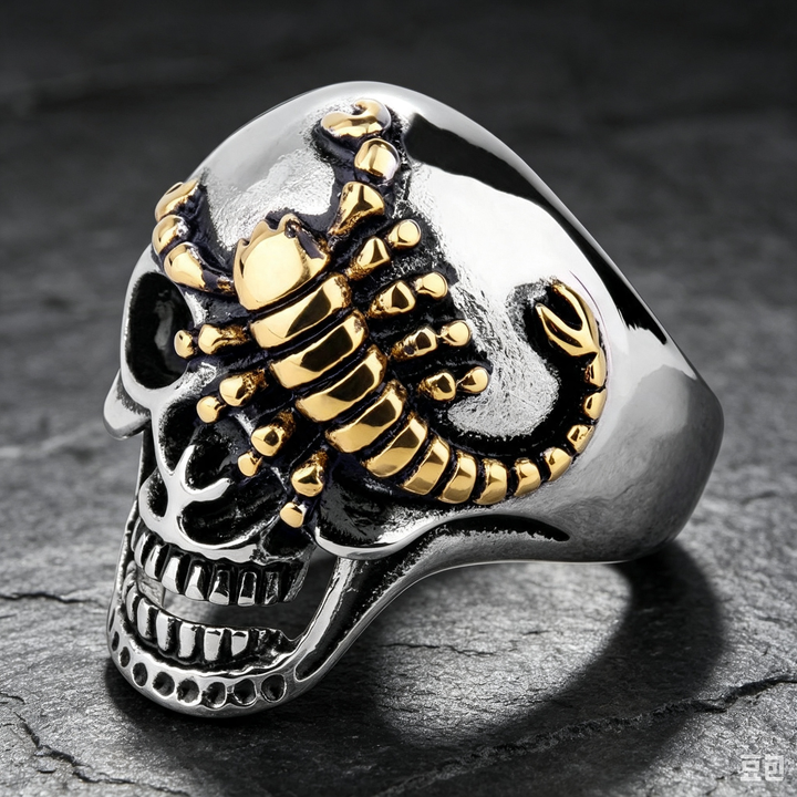Two‑Tone Scorpion Skull Statement Ring, Retro Gothic Biker Men’s Ring