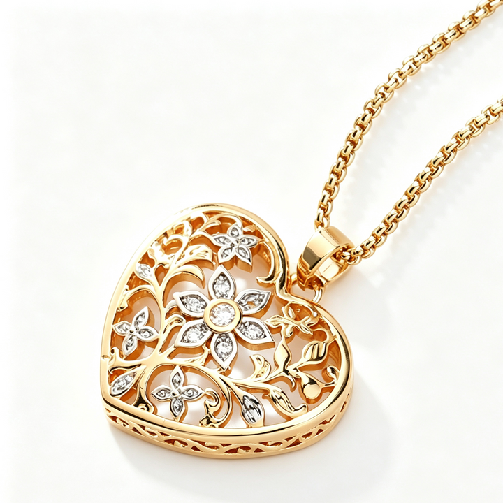 14K Gold Openwork Heart Diamond Pendant Necklace, Vintage Floral Filigree Necklace